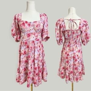 Pink Dress Women Size XS Floral Puff Short Sleeves Mini Short Bustier Smock